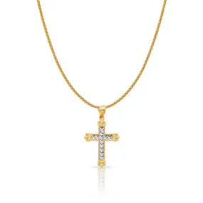 14K Gold Cross Charm Pendant with 1.1mm Wheat Chain Necklace