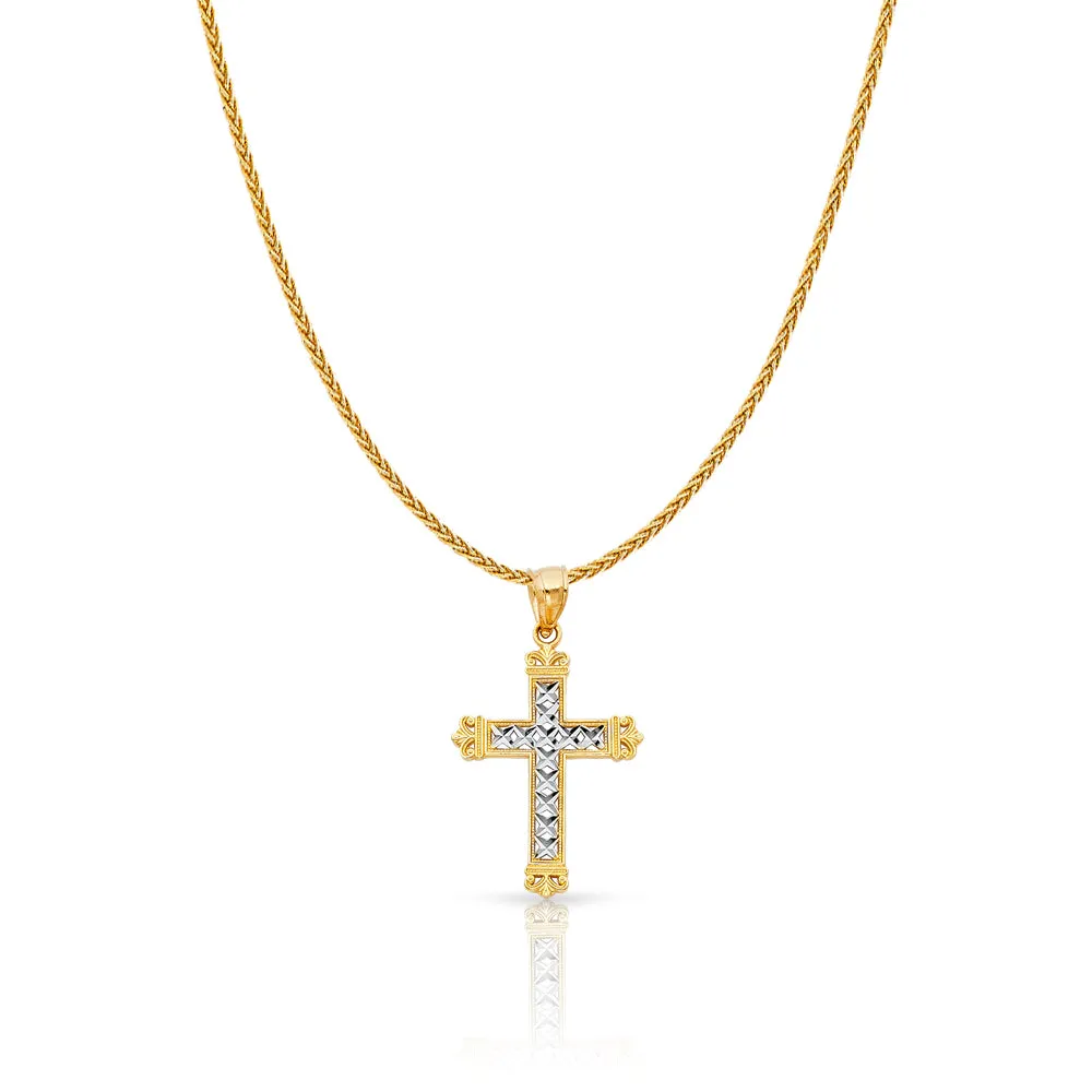 14K Gold Cross Charm Pendant with 1.1mm Wheat Chain Necklace