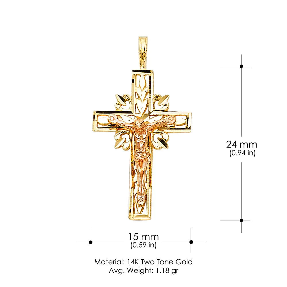 14K Gold Crucifix Charm Pendant with 1.5mm Flat Open Wheat Chain Necklace