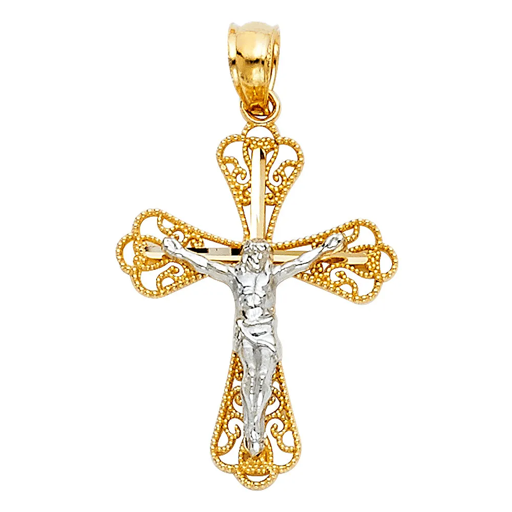 14K Gold Crucifix Charm Pendant with 2.3mm Figaro 3 1 Chain Necklace