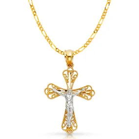 14K Gold Crucifix Charm Pendant with 2.3mm Figaro 3 1 Chain Necklace