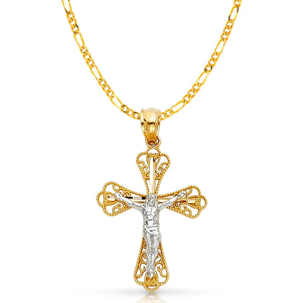 14K Gold Crucifix Charm Pendant with 2.3mm Figaro 3 1 Chain Necklace