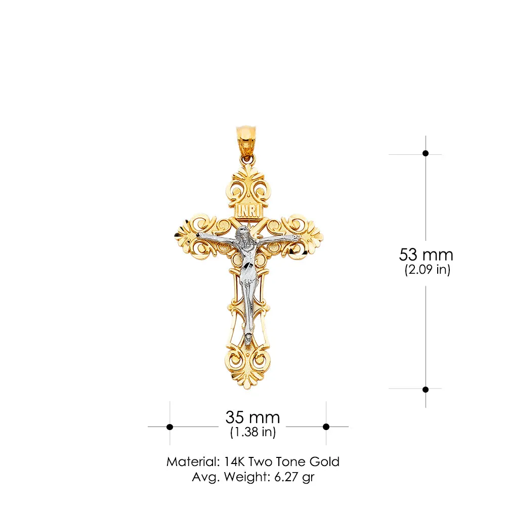 14K Gold Crucifix Charm Pendant with 2mm Flat Open Wheat Chain Necklace