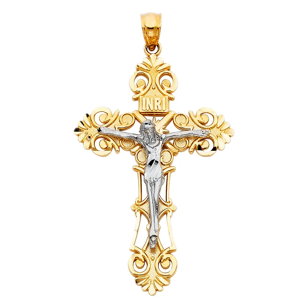 14K Gold Crucifix Charm Pendant with 2mm Flat Open Wheat Chain Necklace