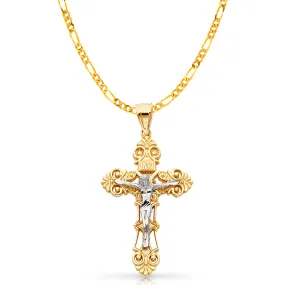 14K Gold Crucifix Charm Pendant with 3.1mm Figaro 3 1 Chain Necklace