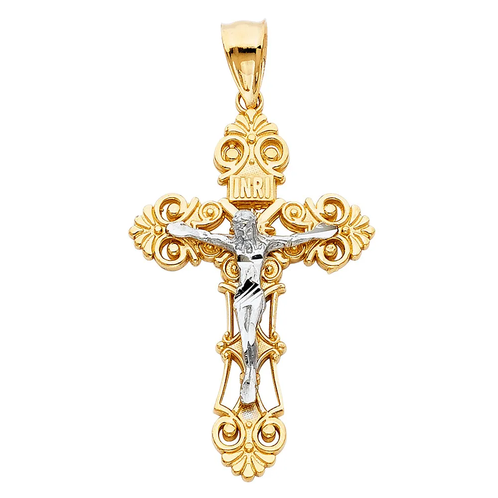 14K Gold Crucifix Charm Pendant with 3.1mm Figaro 3 1 Chain Necklace