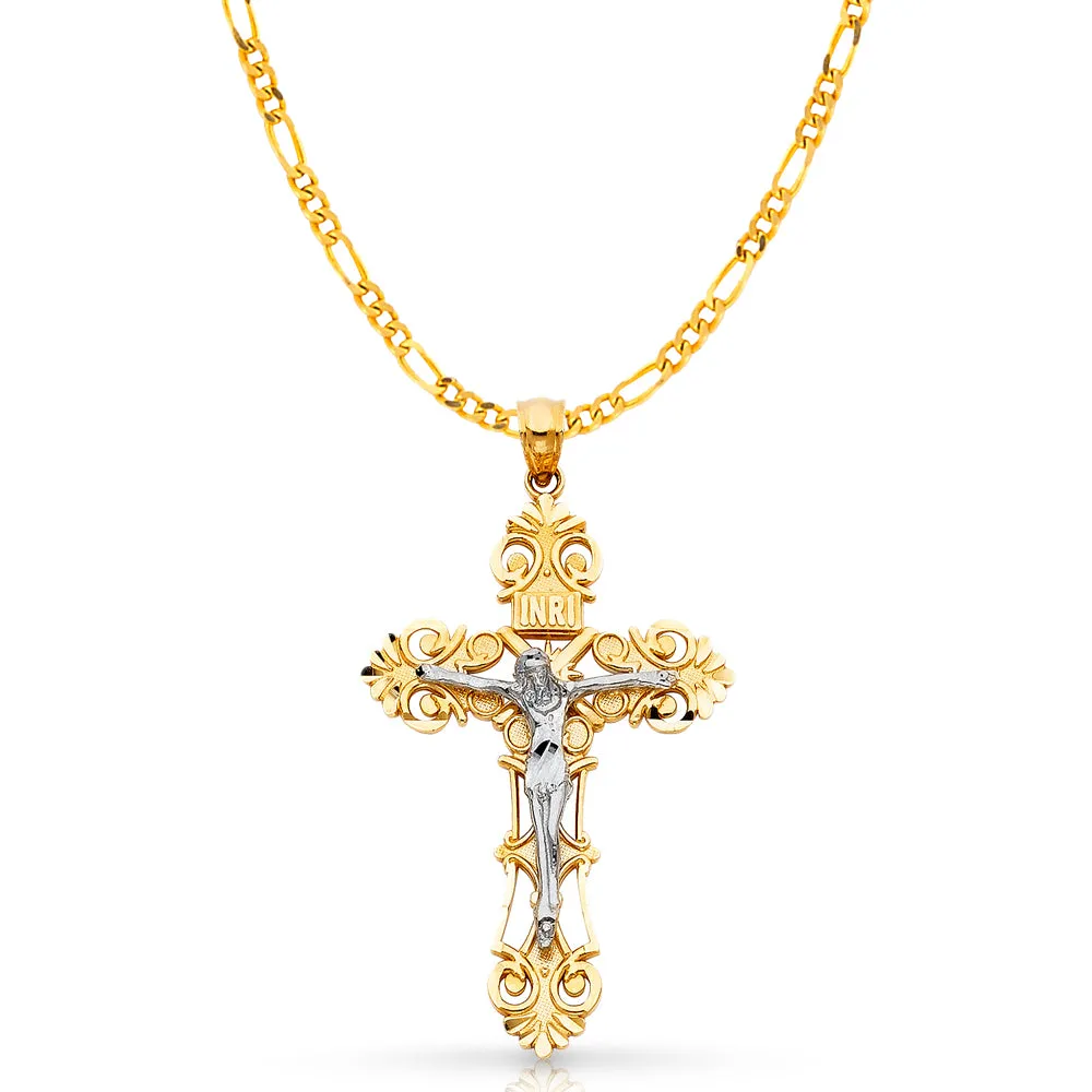 14K Gold Crucifix Charm Pendant with 3.8mm Figaro 3 1 Chain Necklace