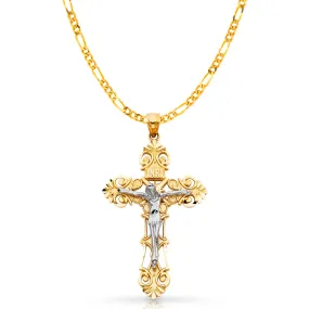 14K Gold Crucifix Charm Pendant with 3.8mm Figaro 3 1 Chain Necklace