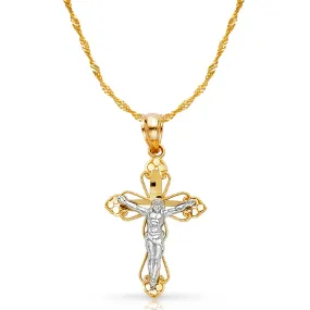 14K Gold Crucifix Cross Pendant with 0.9mm Singapore Chain