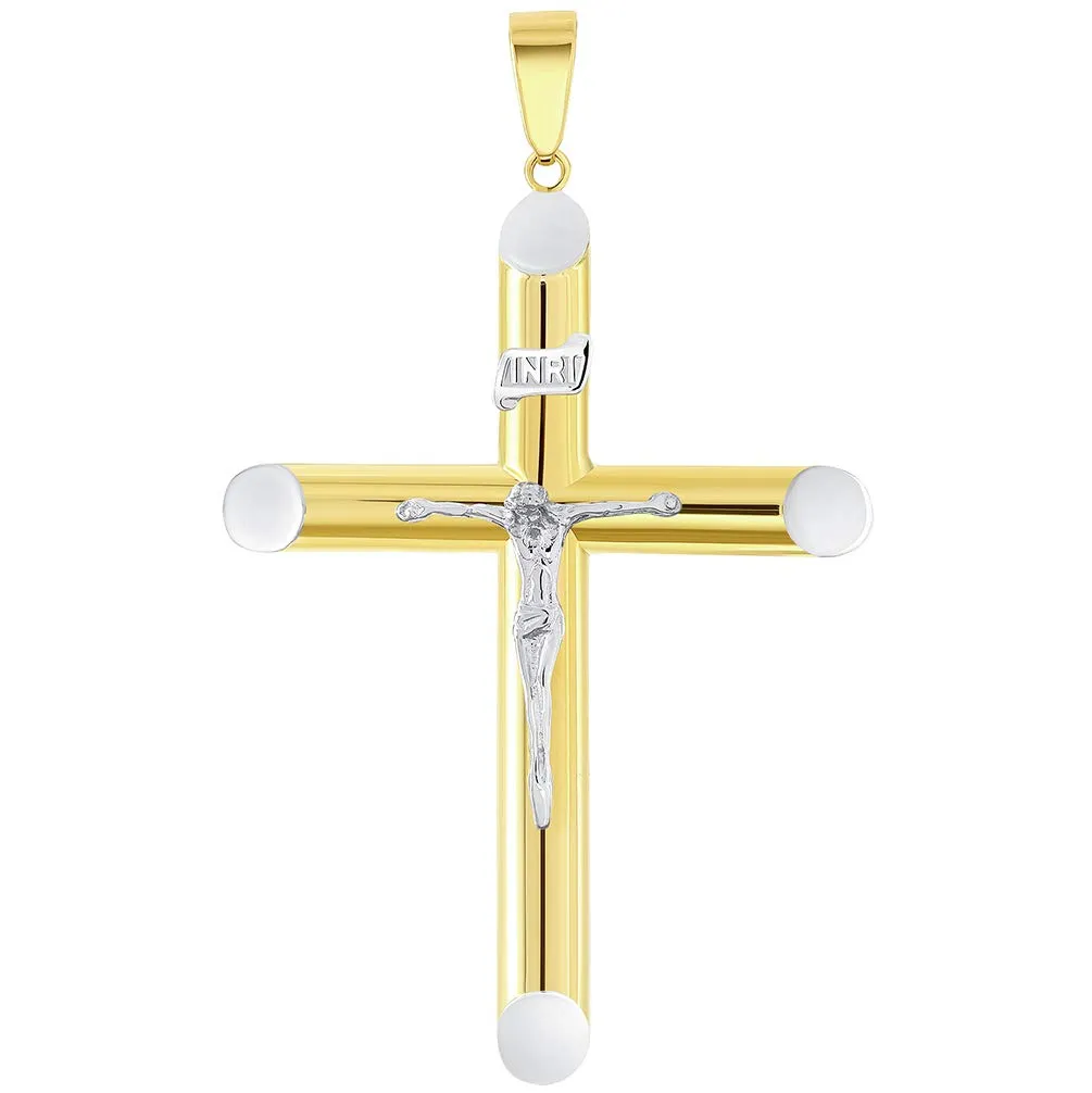 14k Two-Tone Gold 5mm Thick INRI Tubular Crucifix Cross Pendant with Figaro Chain Necklace