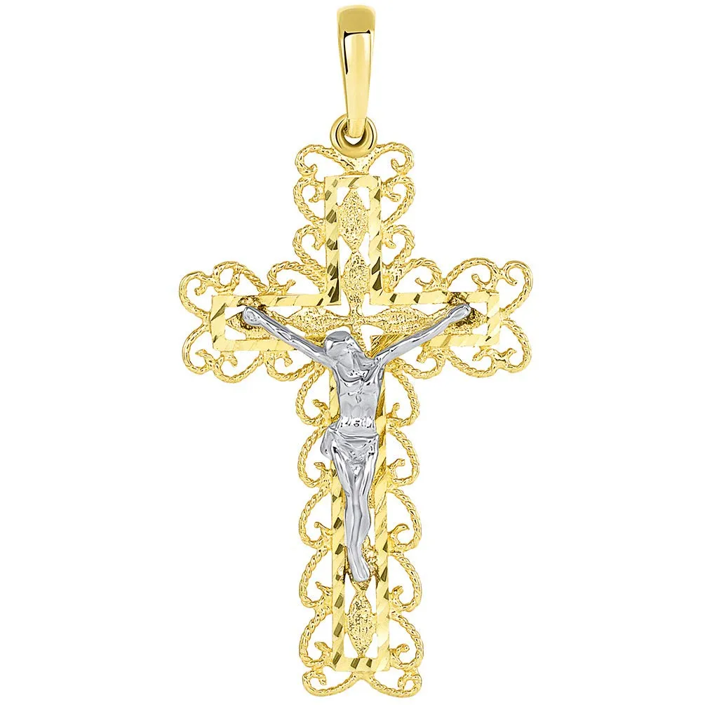 14k Two Tone Gold Fancy Religious Filigree Cross Jesus Crucifix Pendant Necklace