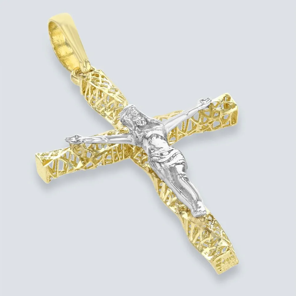 14K Two-Tone Gold Textured Spiral Tube Cross Crucifix Pendant