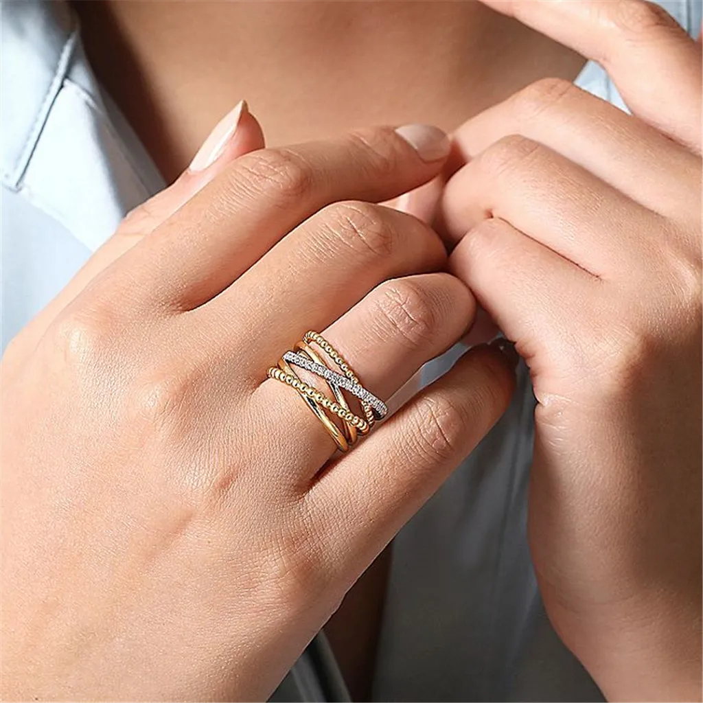 14K White And Yellow Gold Bujukan Ball And Diamond Criss Cross Ring