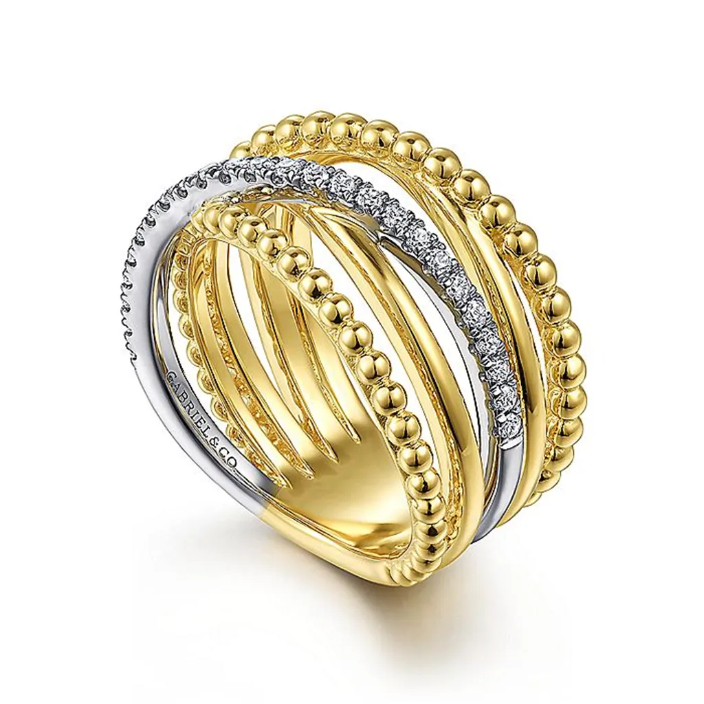 14K White And Yellow Gold Bujukan Ball And Diamond Criss Cross Ring