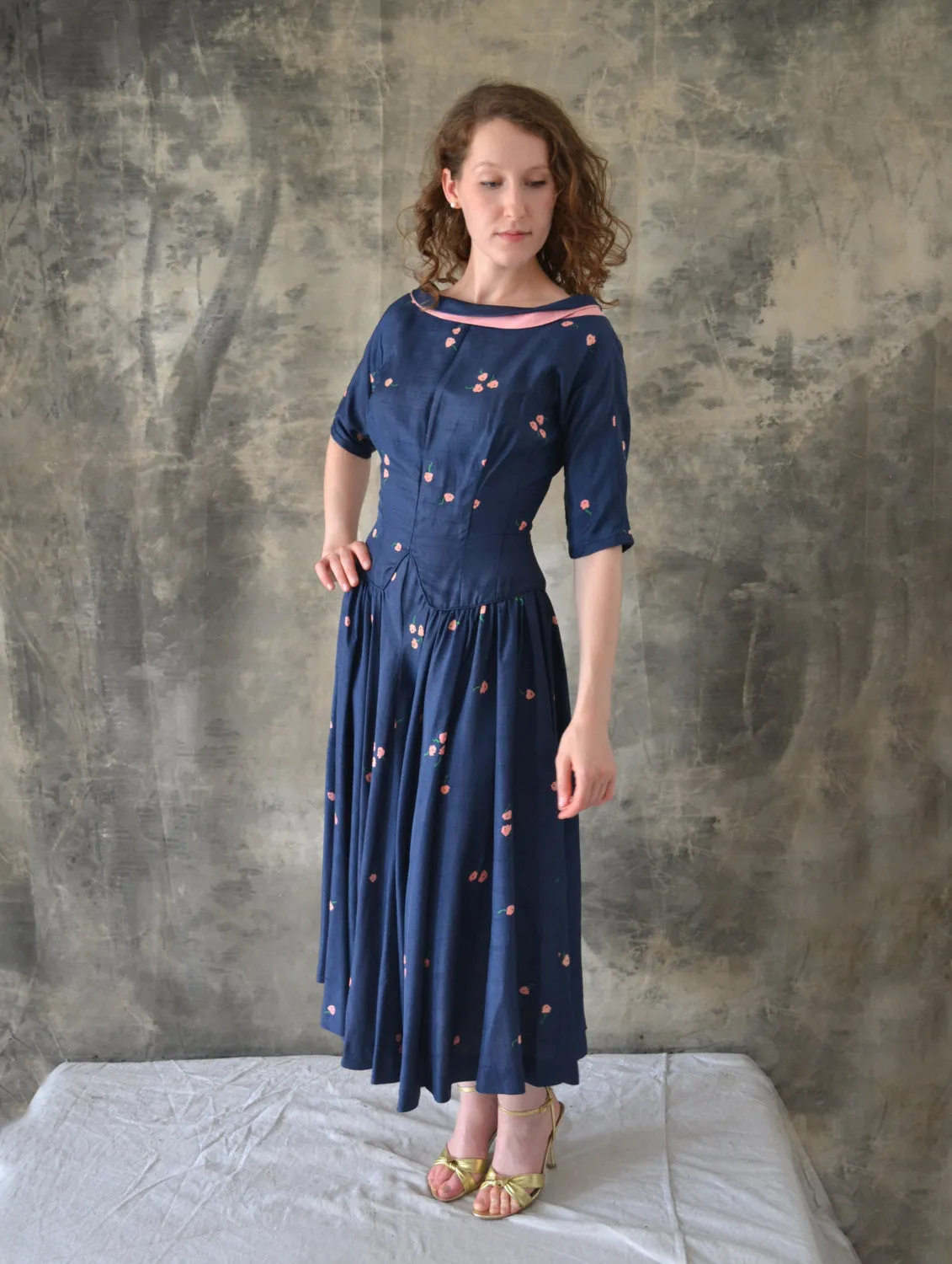 1950s Navy Silk Print Dress