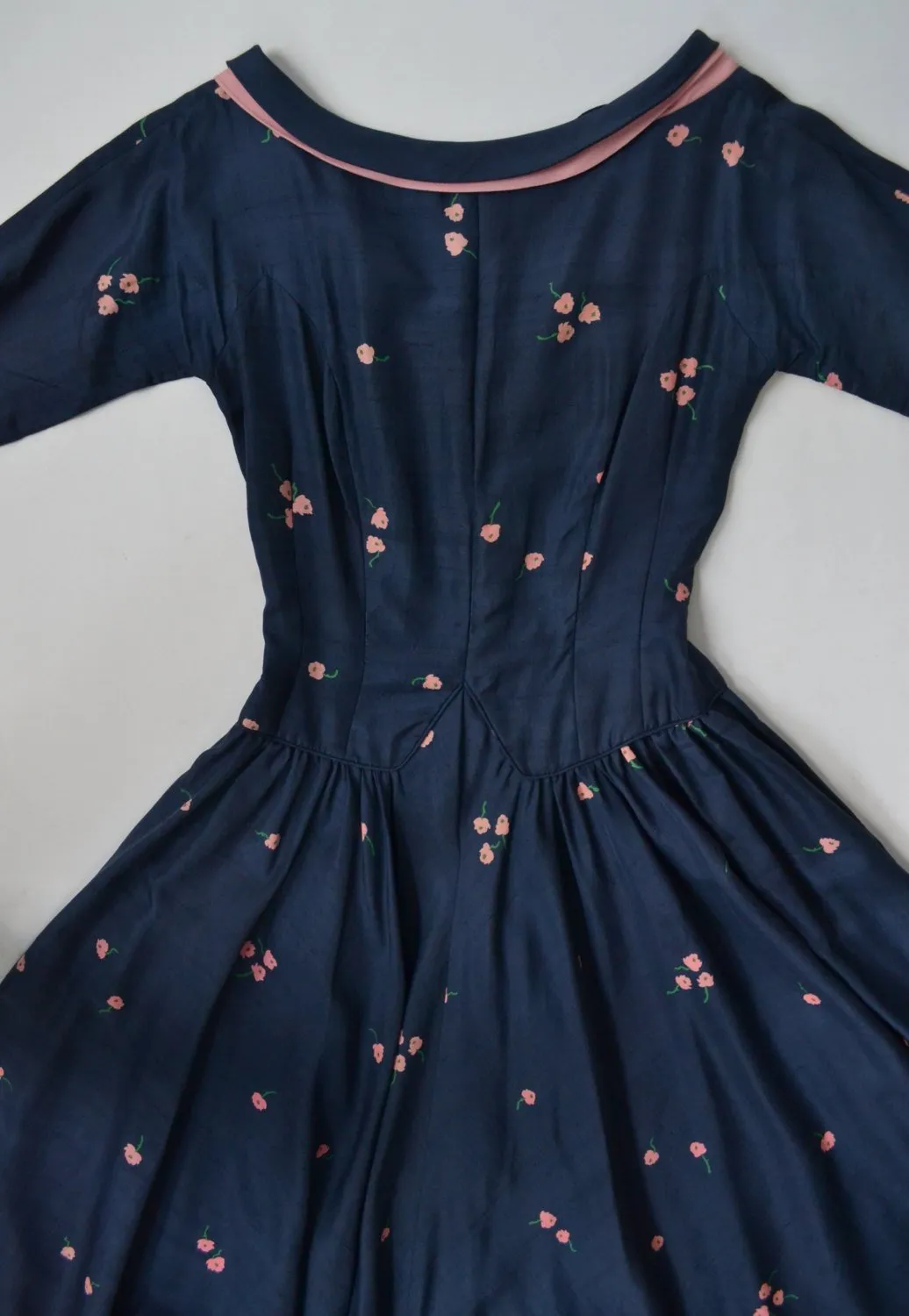 1950s Navy Silk Print Dress