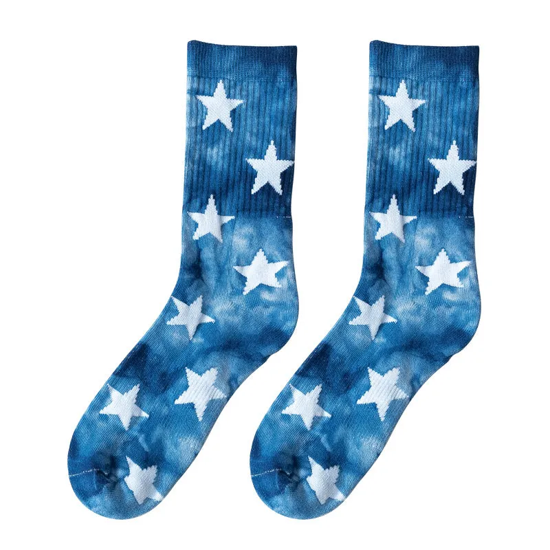 2 Pairs Trendy Tie-Dye Adult Men's and Women's Socks Fall Winter Couples Five-Pointed Star