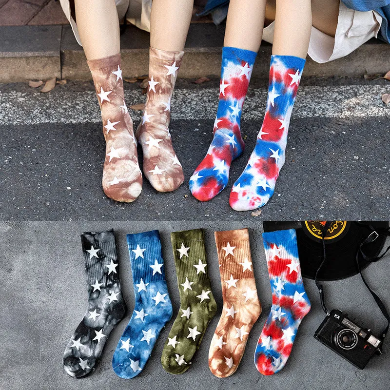 2 Pairs Trendy Tie-Dye Adult Men's and Women's Socks Fall Winter Couples Five-Pointed Star