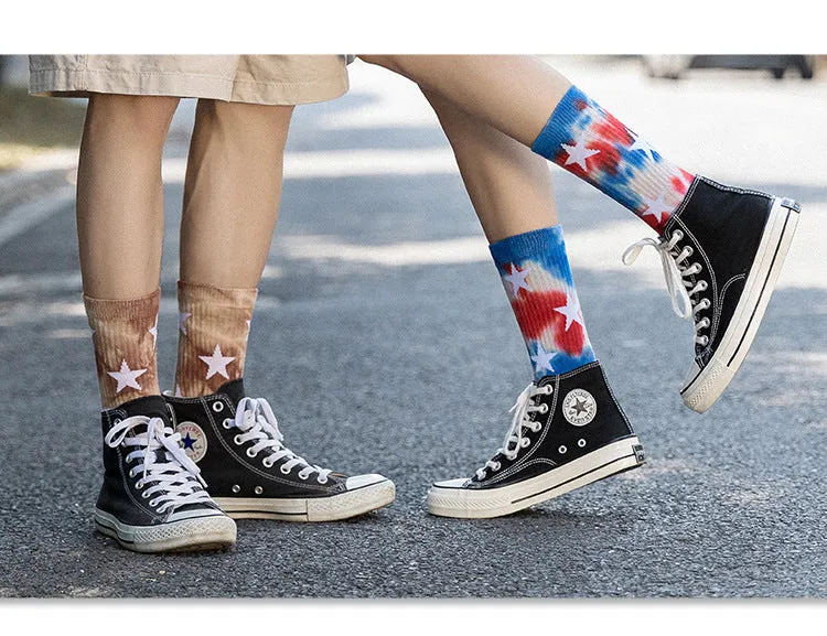 2 Pairs Trendy Tie-Dye Adult Men's and Women's Socks Fall Winter Couples Five-Pointed Star