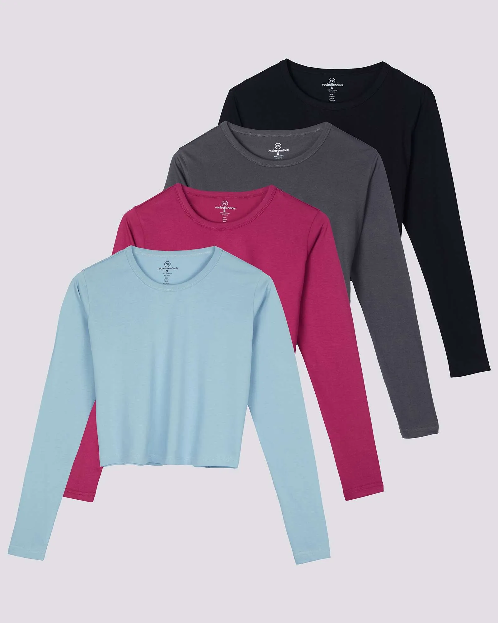 4 Pack: Women's Long Sleeve Crew Crop Top ( Available in Plus Size)