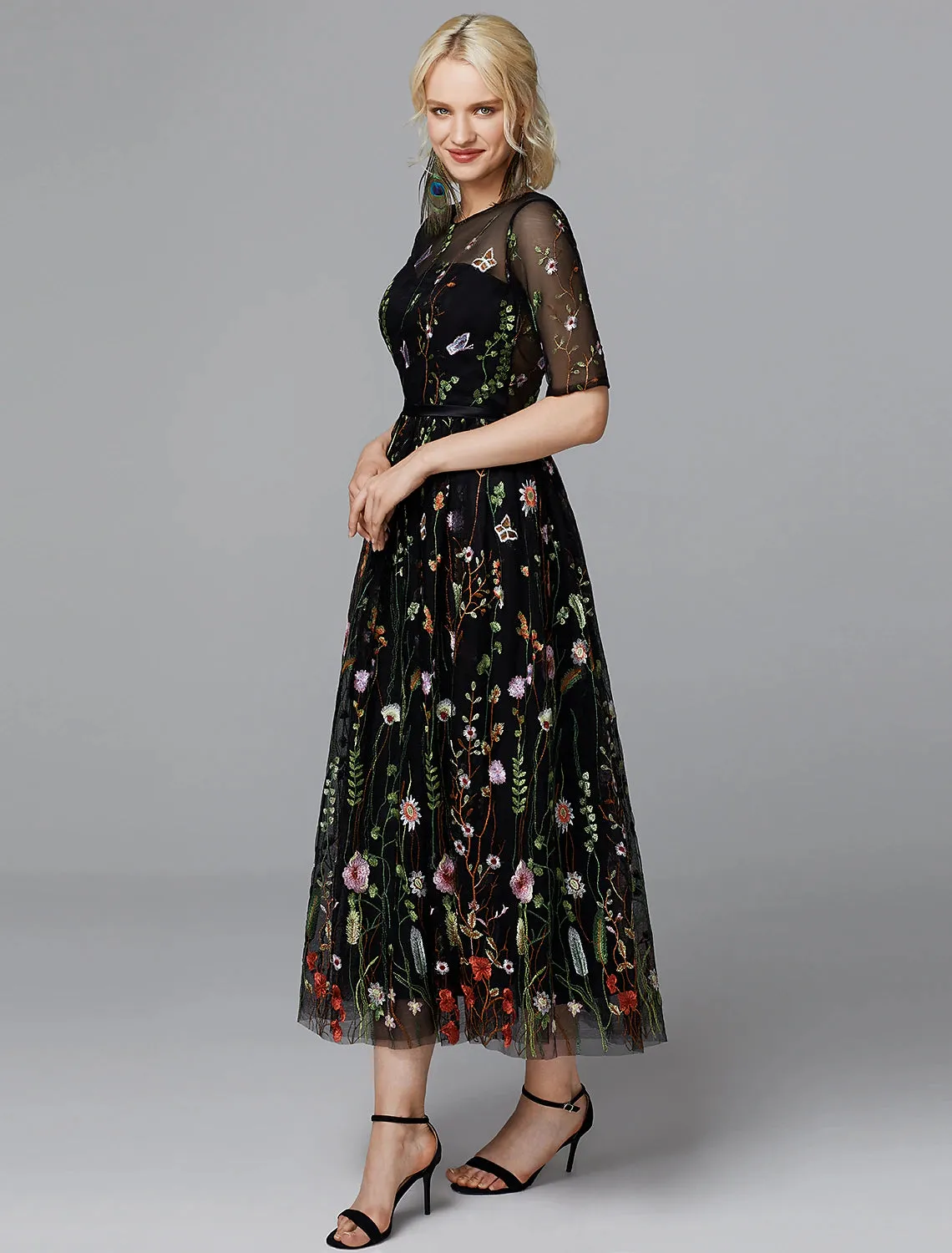 A-Line Floral Dress Holiday Tea Length Half Sleeve Illusion Neck Lace with Embroidery Appliques