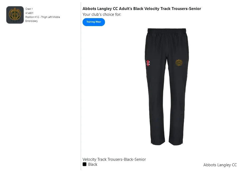 Abbots Langley CC  Adult's Black Velocity Track Trousers-Senior