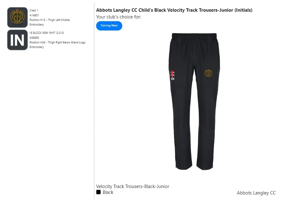 Abbots Langley CC  Child's Black Velocity Track Trousers-Junior (Initials)