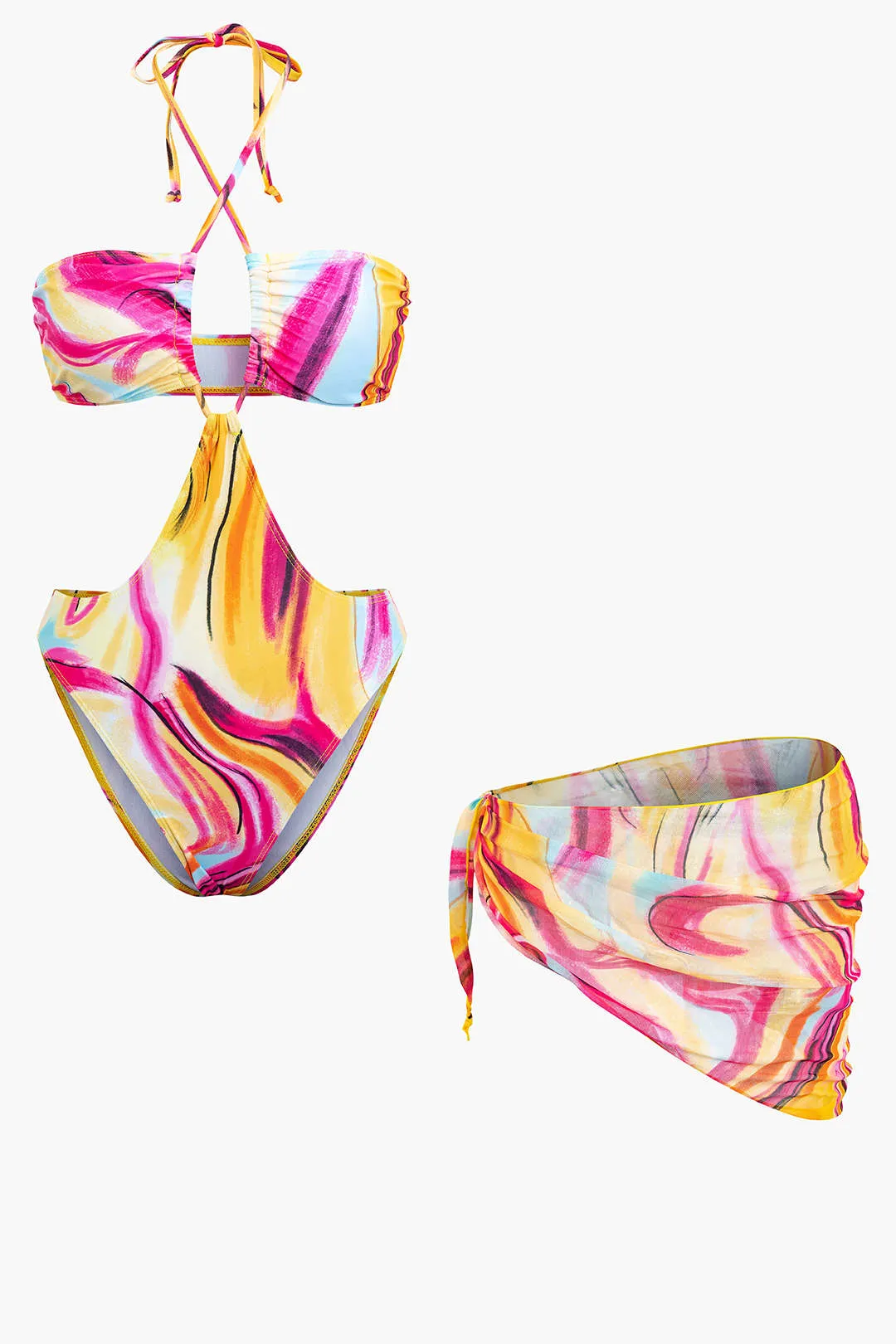 Abstract Print Halter Tummy Control One-piece Swimsuit And Knot Mini Sarong Skirt Set