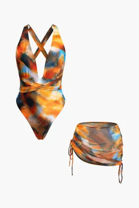 Abstract Print V-neck Cross Back Tie Swimsuit And Mesh Mini Sarong Skirt Set