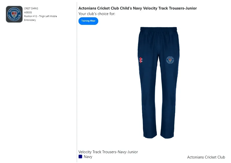 Actonians Cricket Club Child's Navy Velocity Track Trousers-Junior