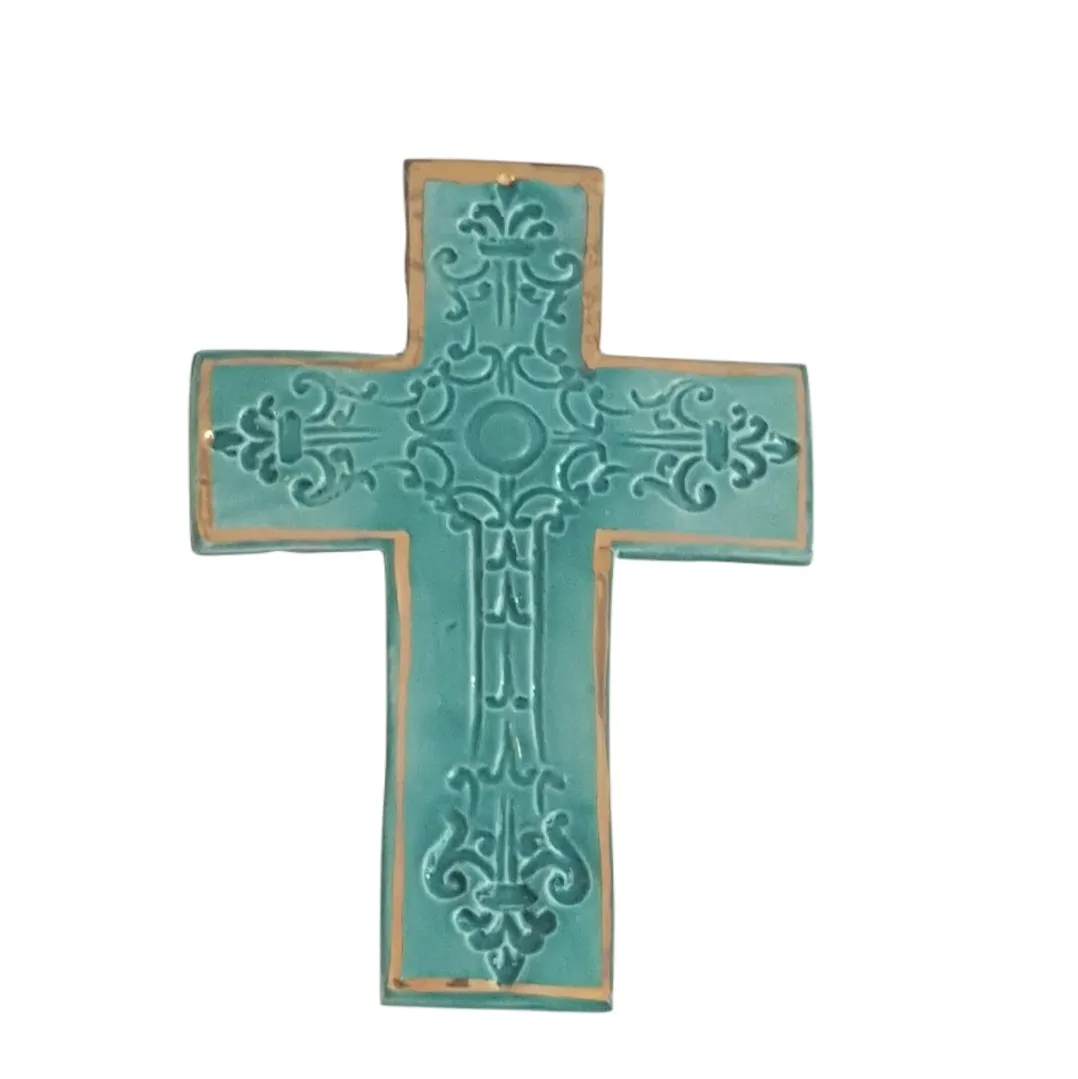 Avignon ceramic wall cross in Mediteranean Green and Gold