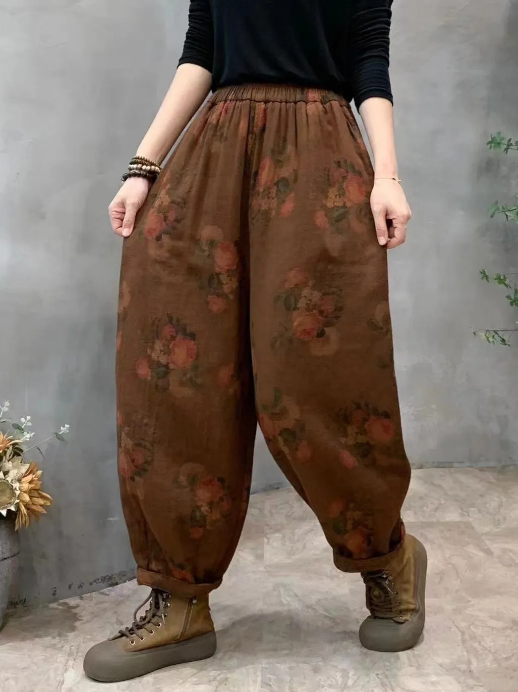 Babakud Women Autumn Retro Printed Cotton Floral Casual Harem Pants