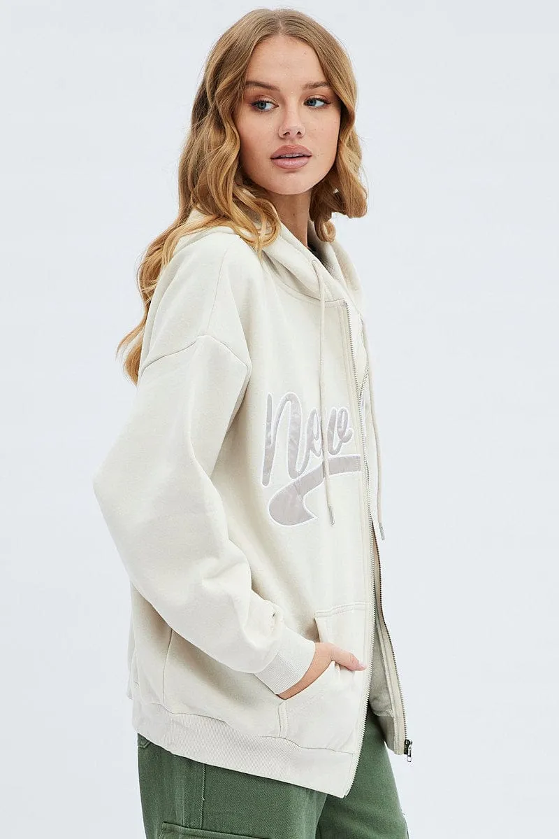 Beige Hoodie Zip Long Sleeves Embroidery