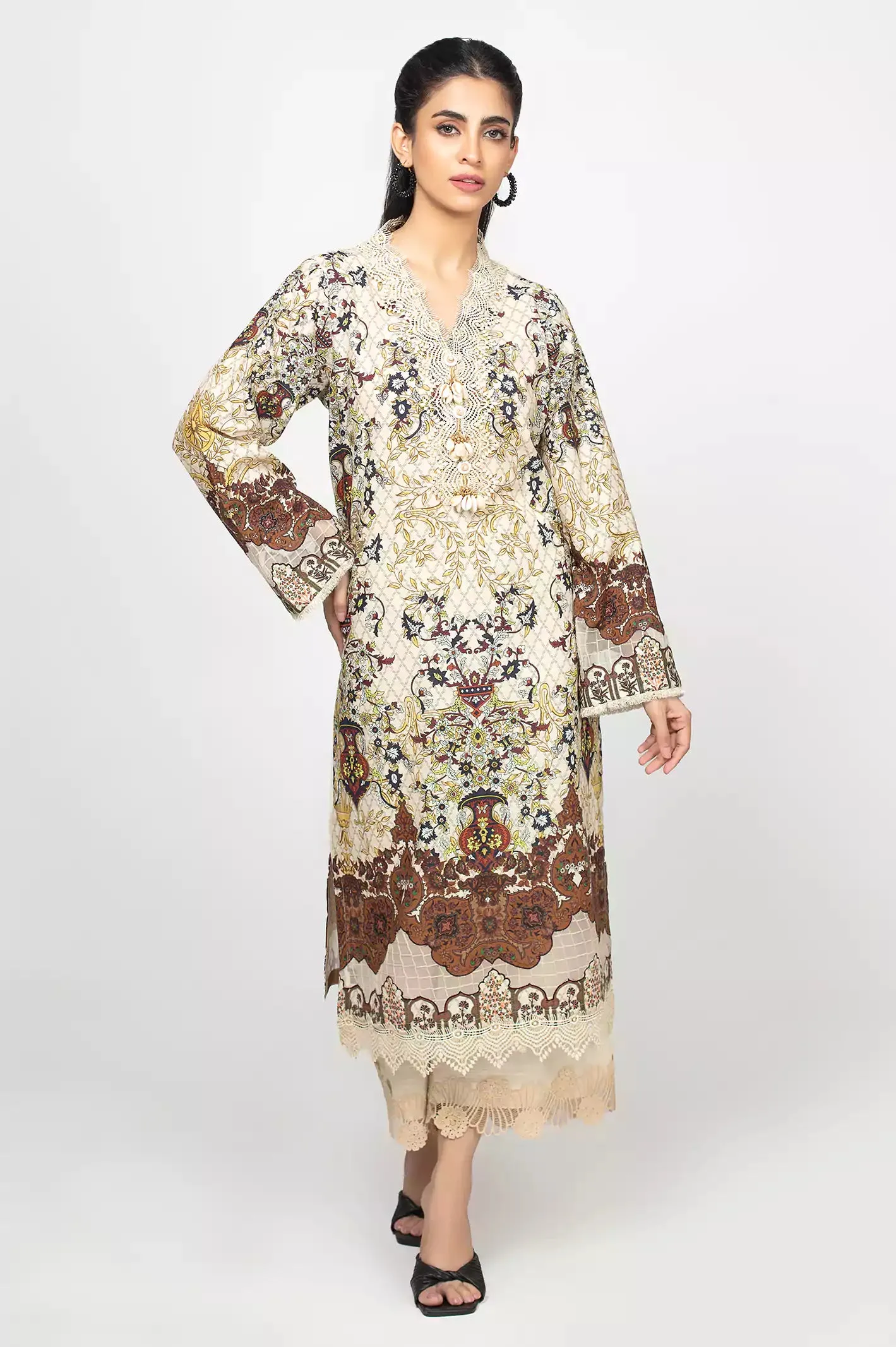 Beige Printed 1PC Unstitched Kurti