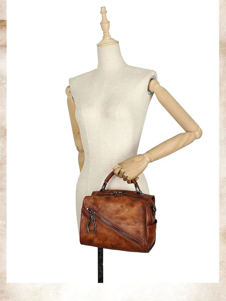 Best Brown Leather Womens Buston Handbag Handmade Cube Handbag Crossbody Purse for Ladies