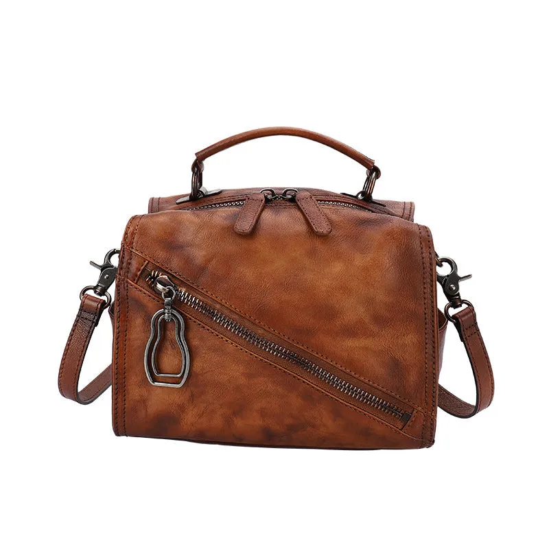 Best Brown Leather Womens Buston Handbag Handmade Cube Handbag Crossbody Purse for Ladies