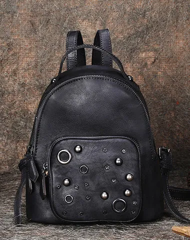 Best Vintage Rivet Green Leather Rucksack Womens Small School Backpacks Leather Backpack Purse