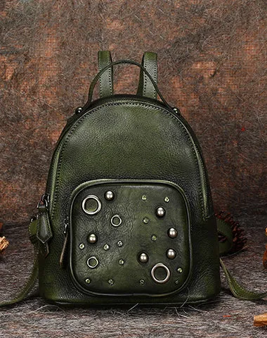 Best Vintage Rivet Green Leather Rucksack Womens Small School Backpacks Leather Backpack Purse