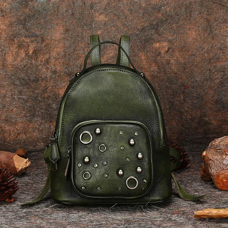 Best Vintage Rivet Green Leather Rucksack Womens Small School Backpacks Leather Backpack Purse