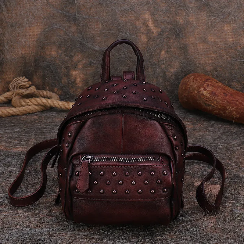 Best Vintage Rivets MIX Leather Rucksack Womens Small School Rucksack Leather Backpack Purse