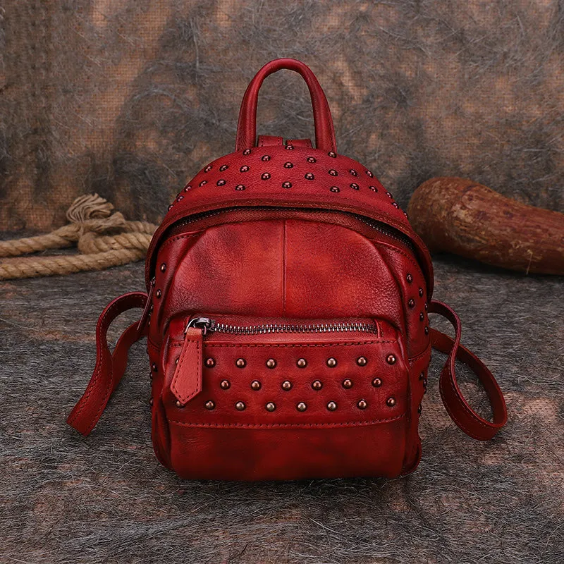 Best Vintage Rivets MIX Leather Rucksack Womens Small School Rucksack Leather Backpack Purse