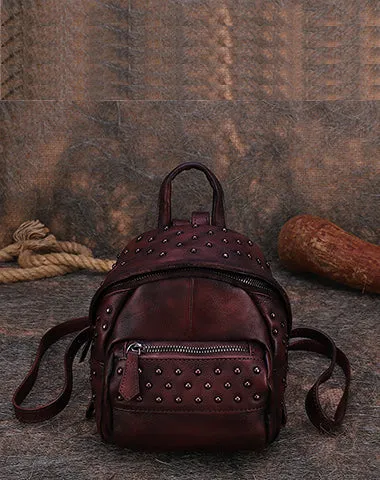 Best Vintage Rivets MIX Leather Rucksack Womens Small School Rucksack Leather Backpack Purse