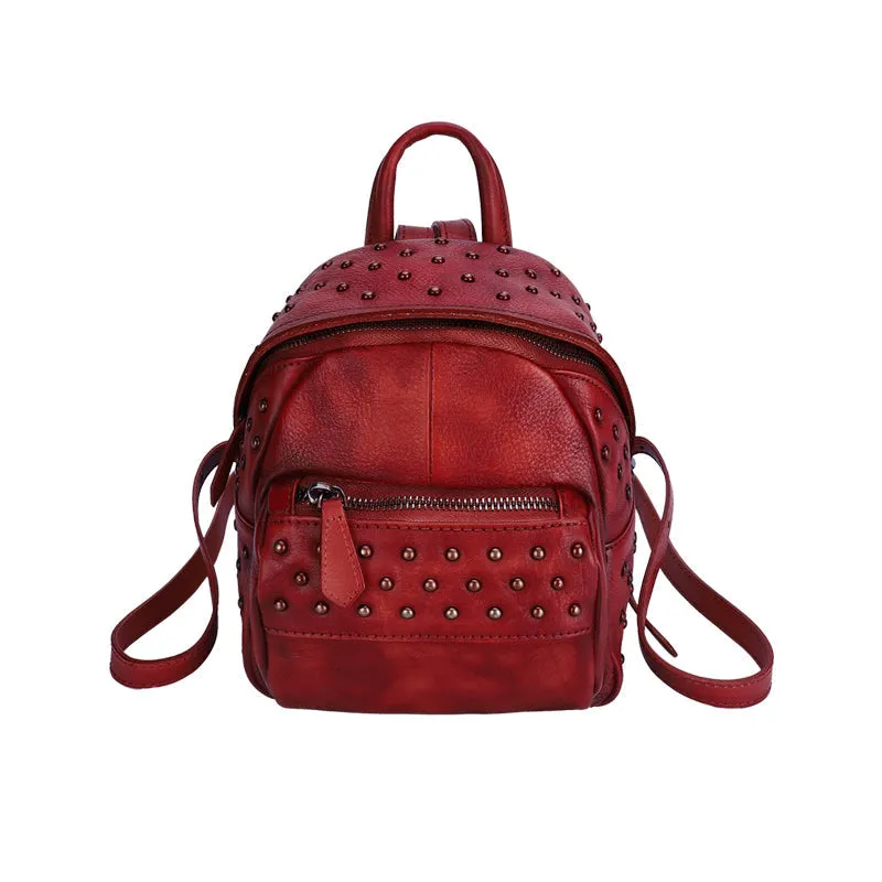 Best Vintage Rivets MIX Leather Rucksack Womens Small School Rucksack Leather Backpack Purse