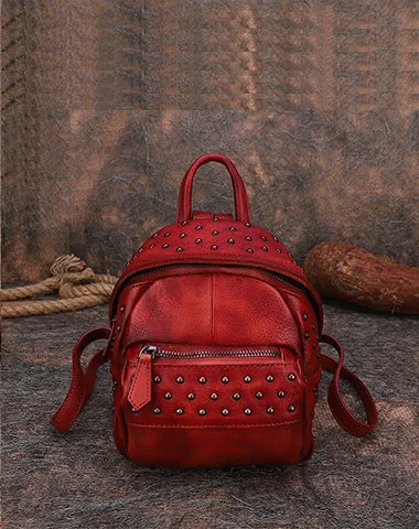 Best Vintage Rivets MIX Leather Rucksack Womens Small School Rucksack Leather Backpack Purse