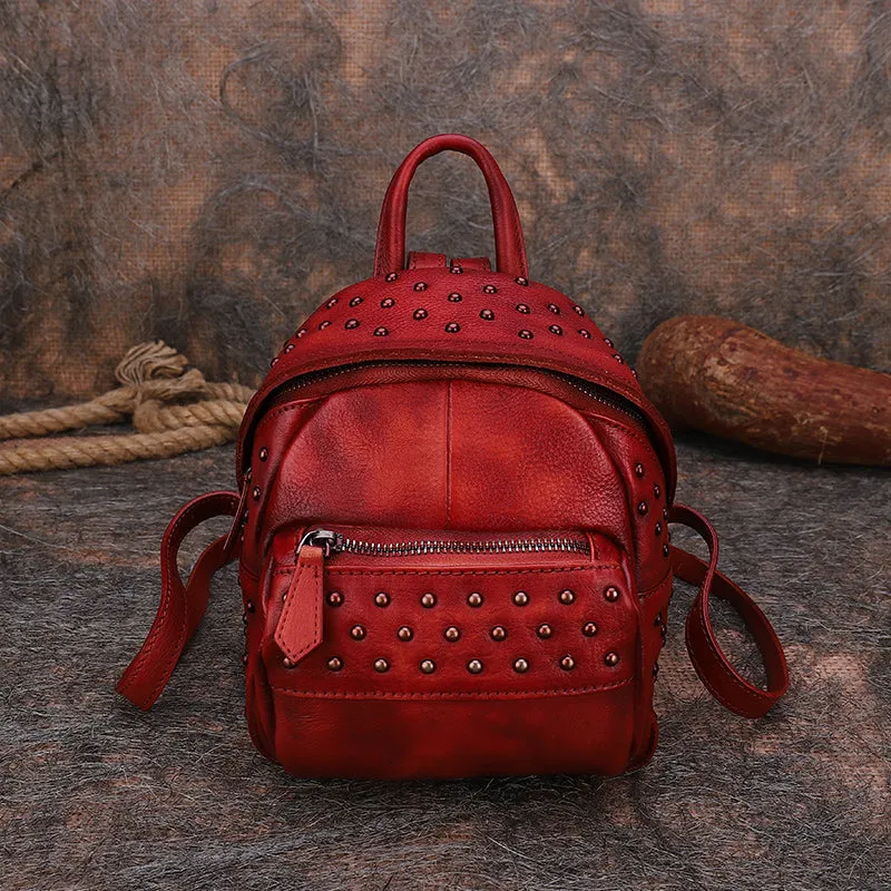 Best Vintage Rivets MIX Leather Rucksack Womens Small School Rucksack Leather Backpack Purse