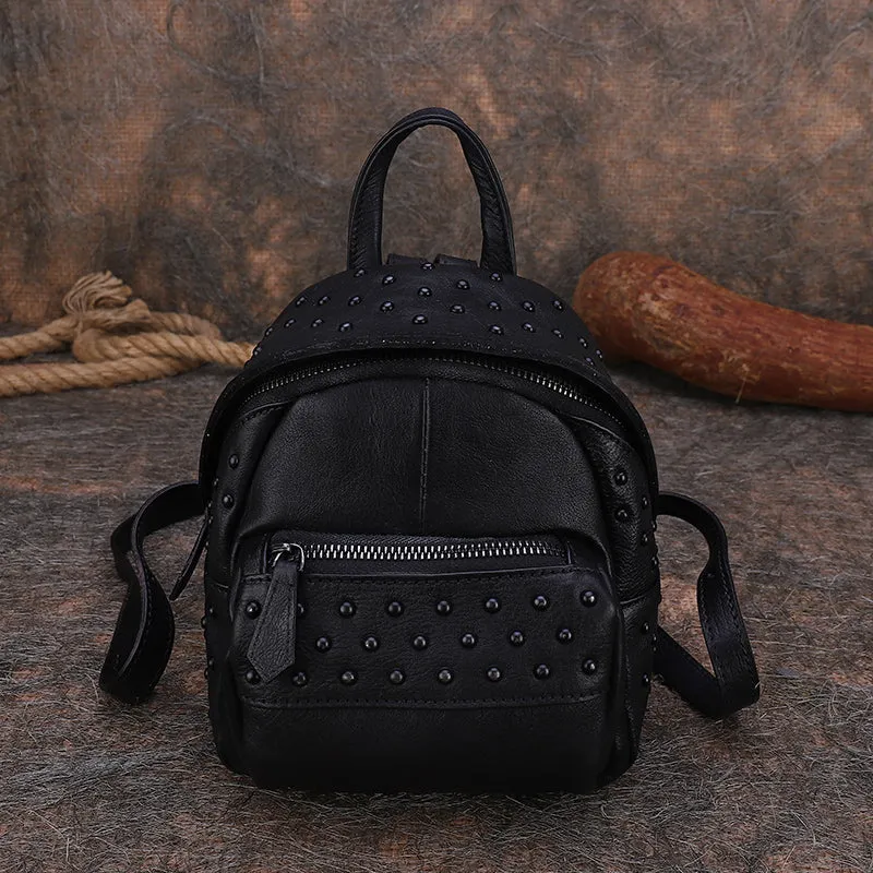 Best Vintage Rivets MIX Leather Rucksack Womens Small School Rucksack Leather Backpack Purse