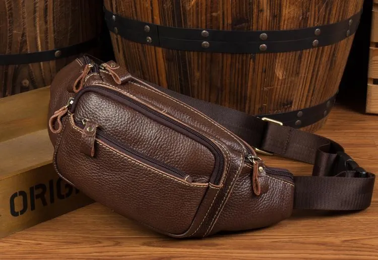 Black Leather Mens Fanny Pack Dark Brown Waist Bag Hip Pack Belt Bag Bumbag for Men