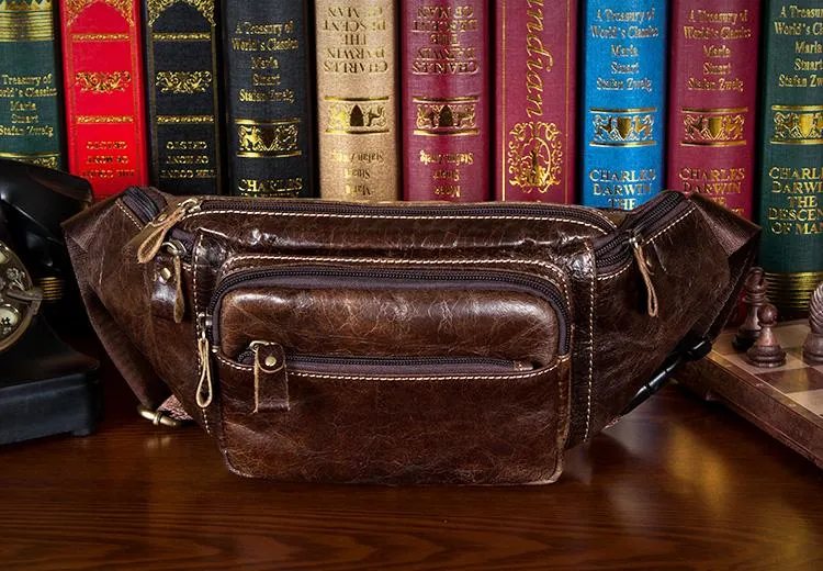 Black Leather Mens Fanny Pack Dark Brown Waist Bag Hip Pack Belt Bag Bumbag for Men