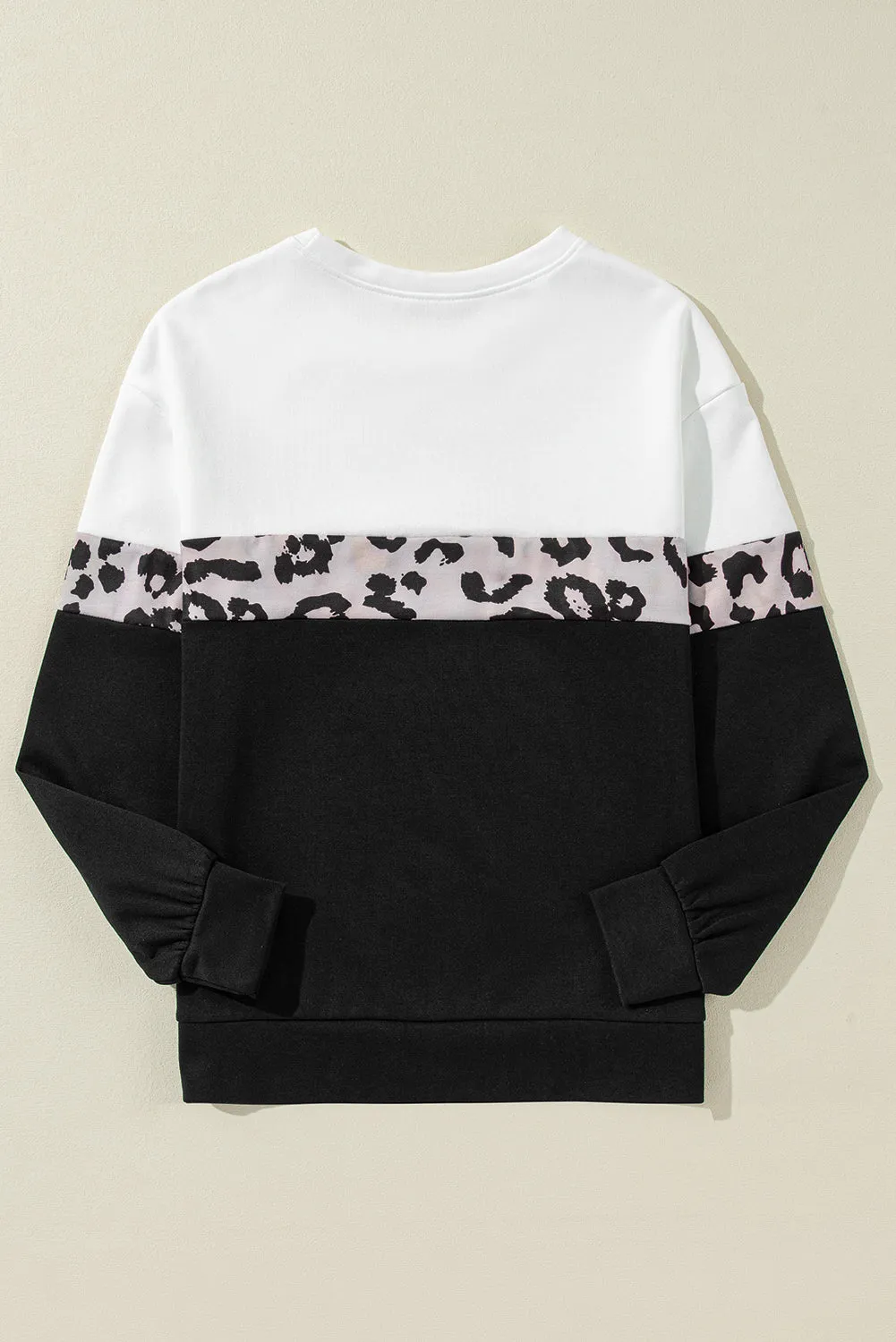 Black Leopard Colorblock Round Neck Long Sleeve Top