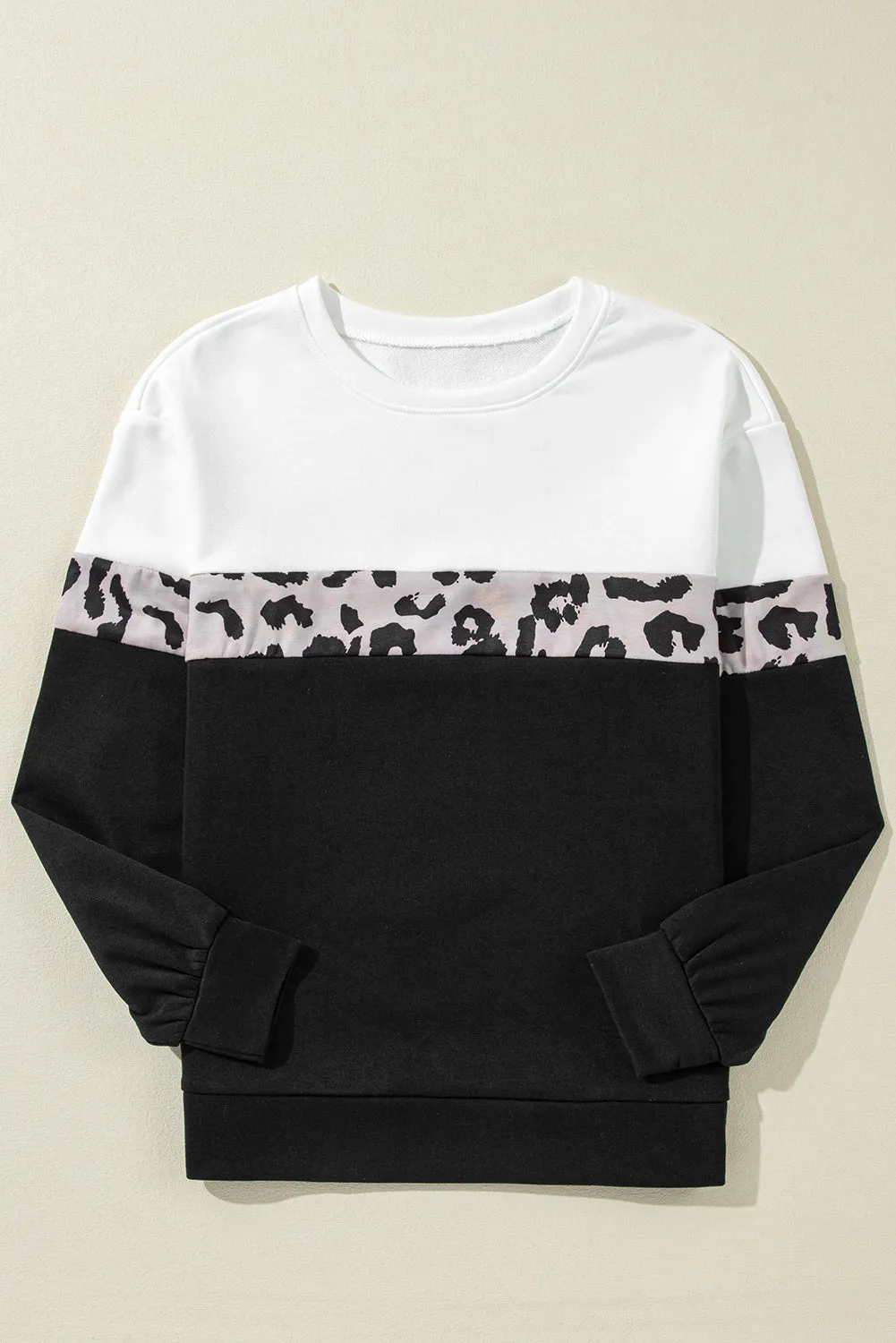 Black Leopard Colorblock Round Neck Long Sleeve Top